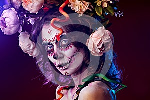 Halloween make up sugar skull beautiful model. Santa Muerte concept.