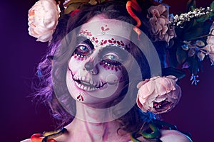 Halloween make up sugar skull beautiful model. Santa Muerte concept.