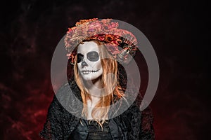 Halloween makeup idea Catrina Calavera skull with horns, closed eyes