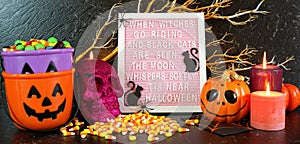 Halloween mantel table centerpiece with Halloween poem letter board.