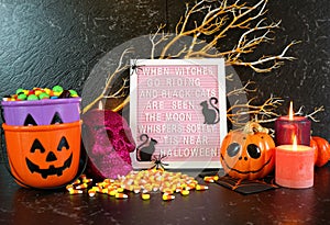 Halloween mantel table centerpiece with Halloween poem letter board.