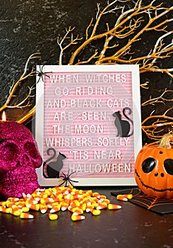 Halloween mantel table centerpiece with Halloween poem letter board.