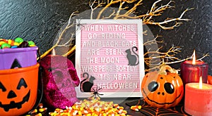 Halloween mantel table centerpiece with Halloween poem letter board.