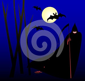 Halloween Mask of death in a black cloak and with a bloody scythe in the forest, moon and bats. Illustration