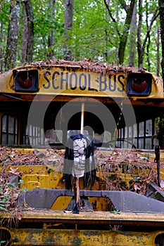 Halloween Mask on Old School Bus