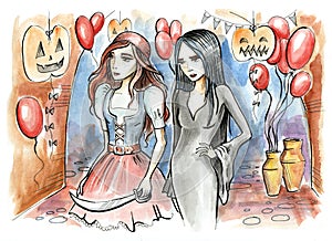 Halloween masquerade. Two teenage girls prepared for costume ball
