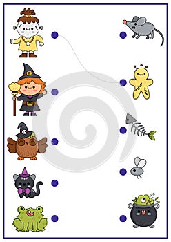 Halloween matching activity with cute kawaii witch, owl, cat, monster. Autumn holiday puzzle with cauldron, mouse, frog. Match the