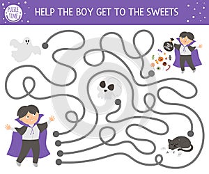Halloween maze for children. Autumn preschool printable educational activity. Funny day of the dead game or puzzle with kid
