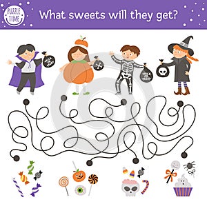 Halloween maze for children. Autumn preschool printable educational activity with kids in costumes. Funny day of the dead game or