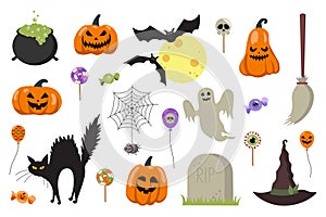 Halloween mega set elements in flat design. Bundle of witch cauldron, evil pumpkin, bats by moon, broom, candy, spider on web,