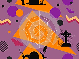 Halloween memphis seamless pattern. Geometric shapes and holiday symbols, icons. Modern trendy background for promotional products