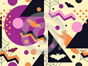 Halloween memphis seamless pattern. Geometric shapes and holiday symbols, icons. Modern trendy background for promotional products