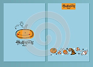 Halloween menu template with doodle sketch, Calligraphy lettering label. Two sides. Special Halloween restaurant bar