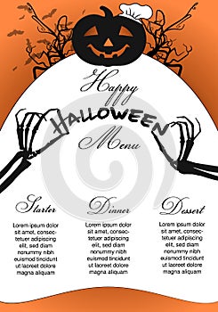 Halloween Menu Template with pumpkin chef and skeleton hands