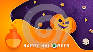 Halloween modern minimal design template for website, greeting or promo banner, paper cut style flyer with cute pumpkin