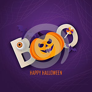 Halloween modern minimal design template for website, greeting or promo banner, paper cut style flyer with cute pumpkin