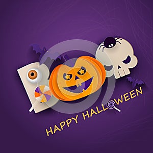Halloween modern minimal design template for website, greeting or promo banner, paper cut style flyer with cute pumpkin