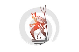 Halloween, monster, devil, scary, pitchfork concept. Hand drawn isolated vector.