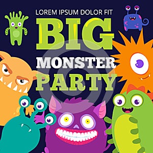 Halloween monster party banner template with cute cartoon characters