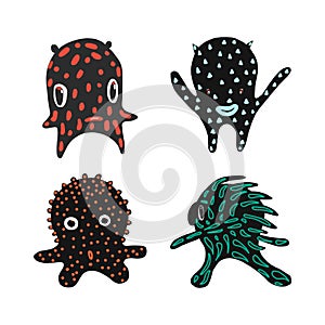 Halloween monster set. four cartoon different monsters vector illustration isolated on white background.