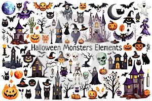 Halloween monsters elements set witch, ghost, cat, bat, moon, spooky castle, mummy, skeleton, pumpkin