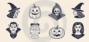 Halloween monsters heads set. Grim Reaper, Witches, Vampires, Monster and Pumpkins icons.