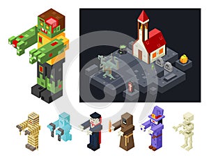 Halloween Monsters Icons Set Curse Evil Flat Design Isometric 3d Game Vector Illustration photo