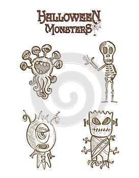 Halloween monsters scary sketch style cartoons set