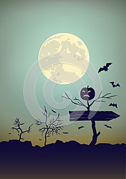 Halloween Moon background with bats and bushes.