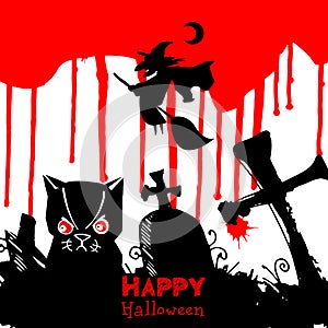 Halloween, moon, illustration, cat, cartoon, feline, cute, pumpkin, background, dark, night, scary