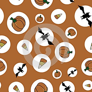 Halloween moon pumpkins candy corn and bats in white circles seamless vector repeat