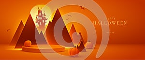 Halloween mountain castle paper art style on 3D illustration orange theme product display background with luxury high end look