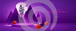 Halloween mountain castle paper art style on 3D illustration purple theme product display background with luxury high end look