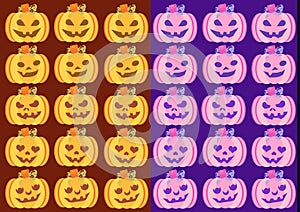 Halloween multicolor carved pumpkins jack o lantern in row background . Cute Pink and yellow pumpkin element cartoon vector