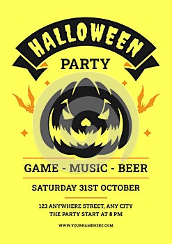 Halloween music night party yellow retro flyer poster design template vector flat illustration