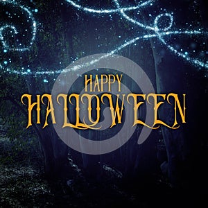 Halloween mysterious background of dark and haunted forest with