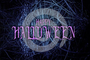 Halloween mysterious background of dark and haunted forest with text.