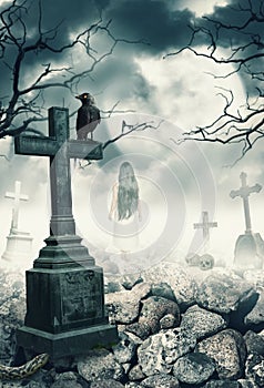 Halloween mystical spooky background with raven and cross