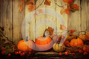 halloween nature wood leaf season background orange wooden pumpkin autumn fall. Generative AI.