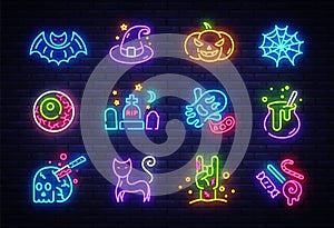 Halloween neon icons set. Happy Halloween collection light signs. Sign boards, light banner. Neon isolated icon, emblem