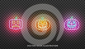 Halloween neon pumpkin sign. Set of bright colorful Jack O Lanterns for Halloween