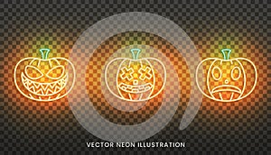 Halloween neon pumpkin sign. Set of bright Jack O Lantern for Halloween
