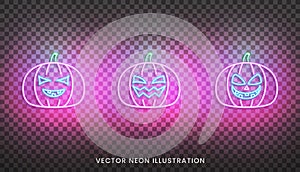 Halloween neon pumpkins sign. Set of bright Jack O Lantern for Halloween