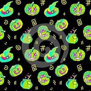 Halloween neon seamless pumpkin pattern. Ideal for creating seamless designs and illustrations for various projects like