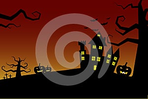 Halloween night background castle with bloody sky