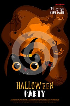 Halloween night background with cat, pumpkin, haunted house and spiders. Paper cut. Flyer, poster, banner or invitation
