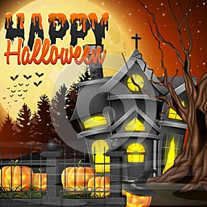 Halloween night background with church and scary pumpkins