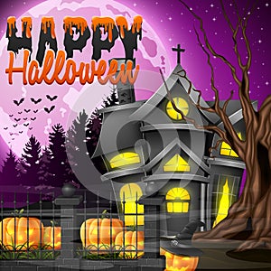 Halloween night background with church and scary pumpkins