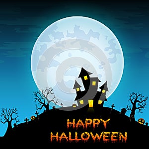 Halloween night background with creepy castle in cemetery on white full moon