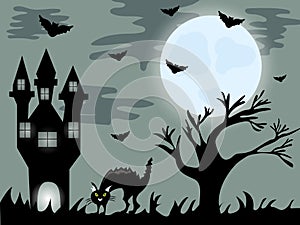 Halloween night background with creepy house and cat